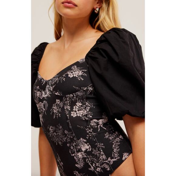 Free People Prarie Rose Puff Sleeve Bodysuit Black Coquette Romantic Large NWT - Picture 3 of 13